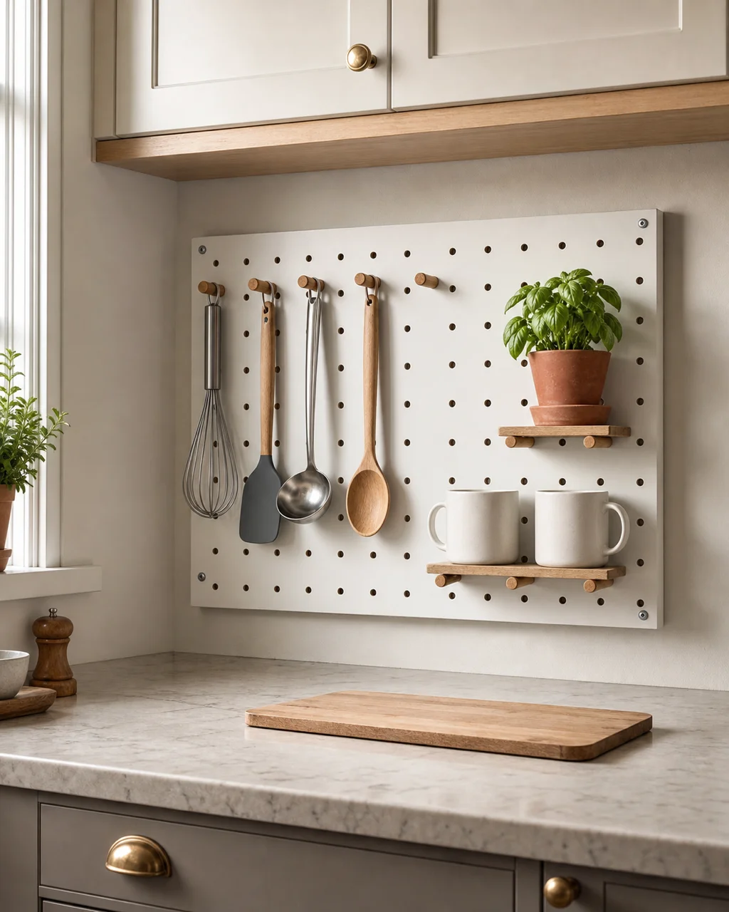 A white pegboard on a kitchen backsplash with hanging utensils, mugs on shelf pegs, and a basil plant