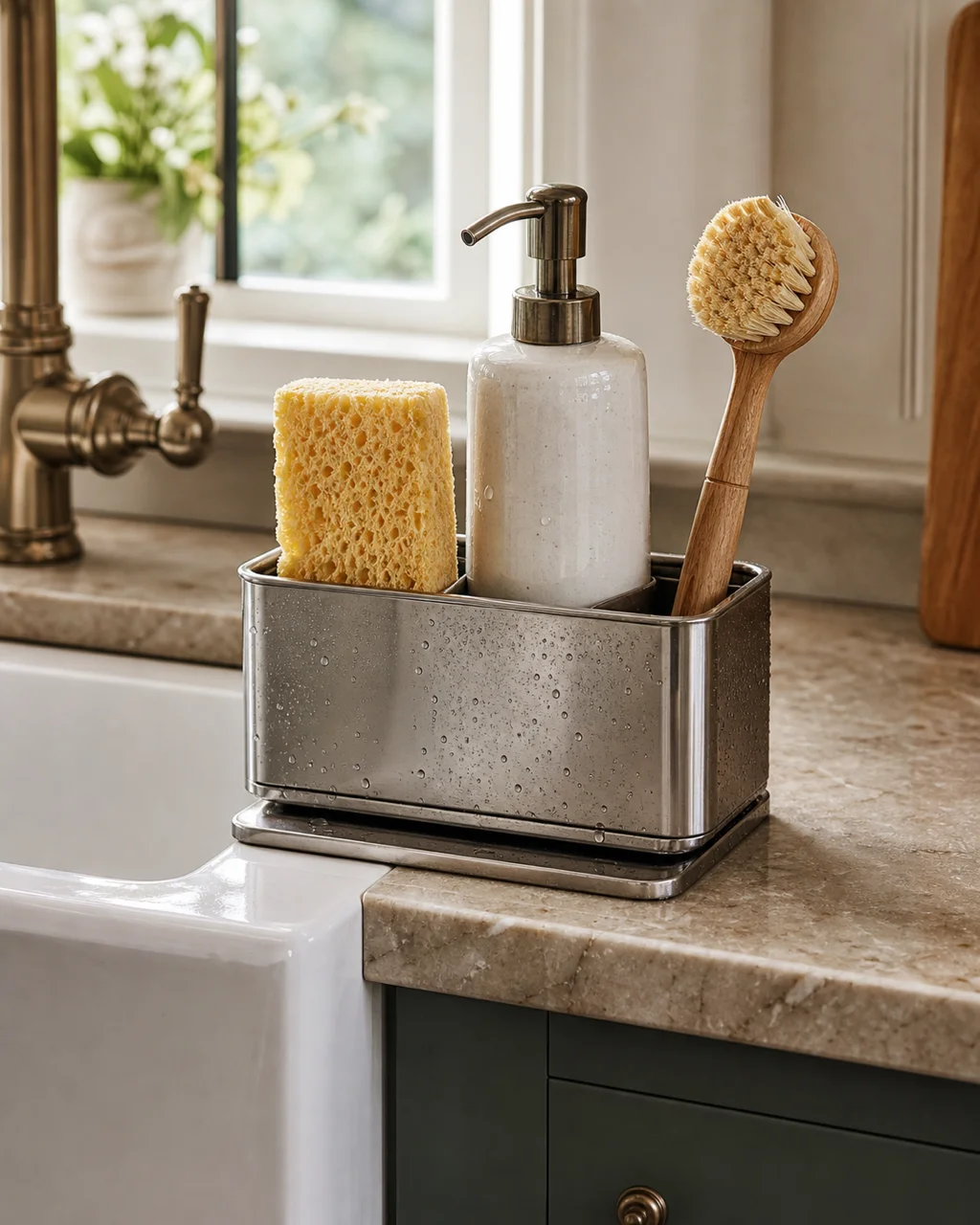 A stainless steel sink caddy with sponge, soap dispenser, and dish brush at a farmhouse sink edge