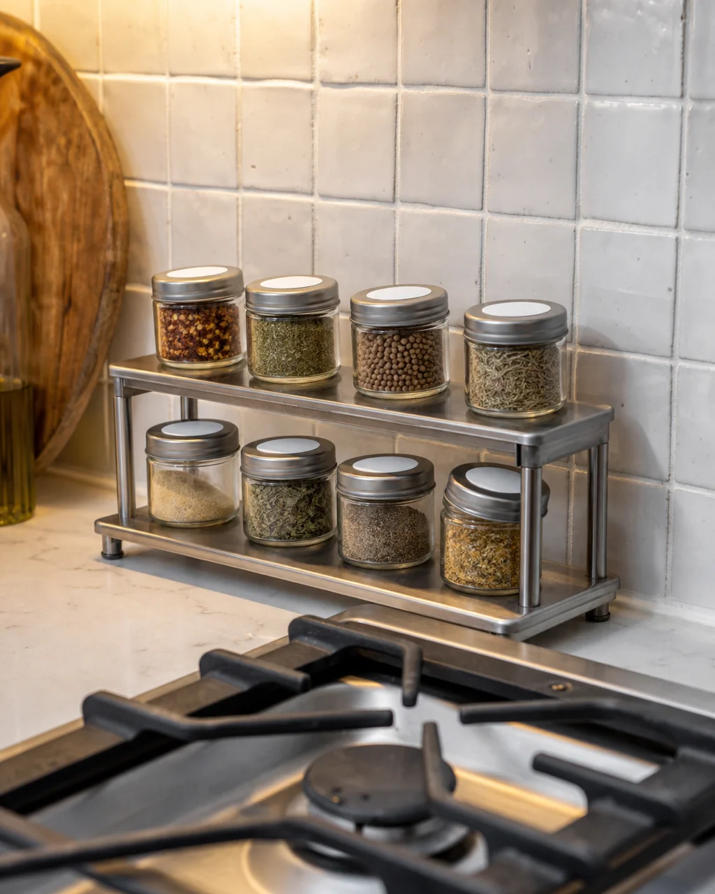 A narrow two-tier spice riser with glass jars between a gas stove and tiled backsplash