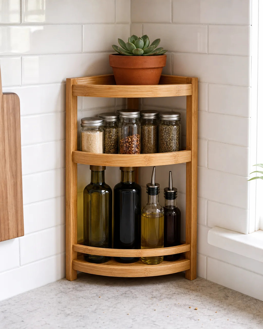 A tiered corner shelf in a kitchen counter corner with bottles and spice jars