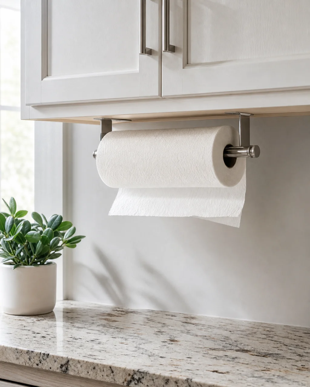 An under-cabinet paper towel holder mounted beneath white shaker cabinets