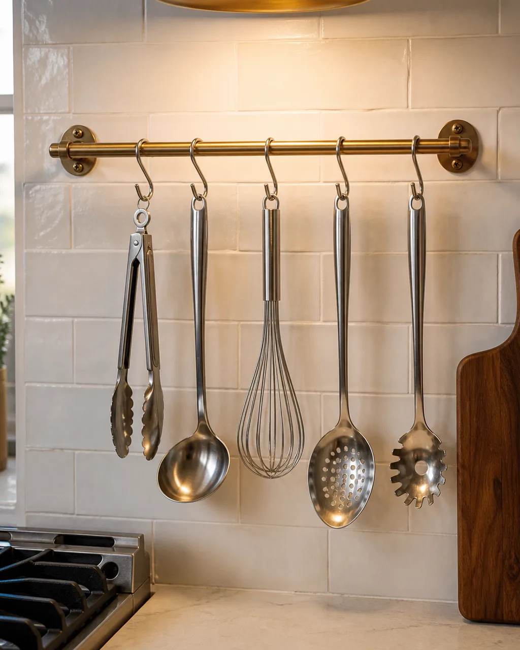 A brushed brass utensil rail on white subway tile with S-hooks holding tongs, ladle, whisk, slotted spoon, and pasta fork, shot from slightly below eye level