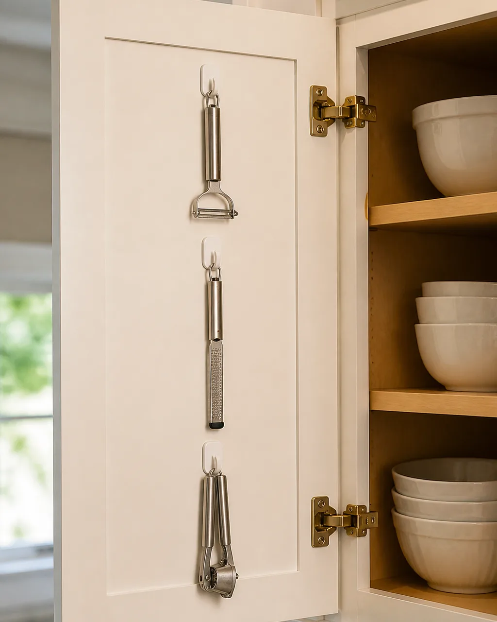 Inside of an open white kitchen cabinet door with three adhesive command hooks holding a vegetable peeler, zester, and garlic press, shelves with bowls visible in background