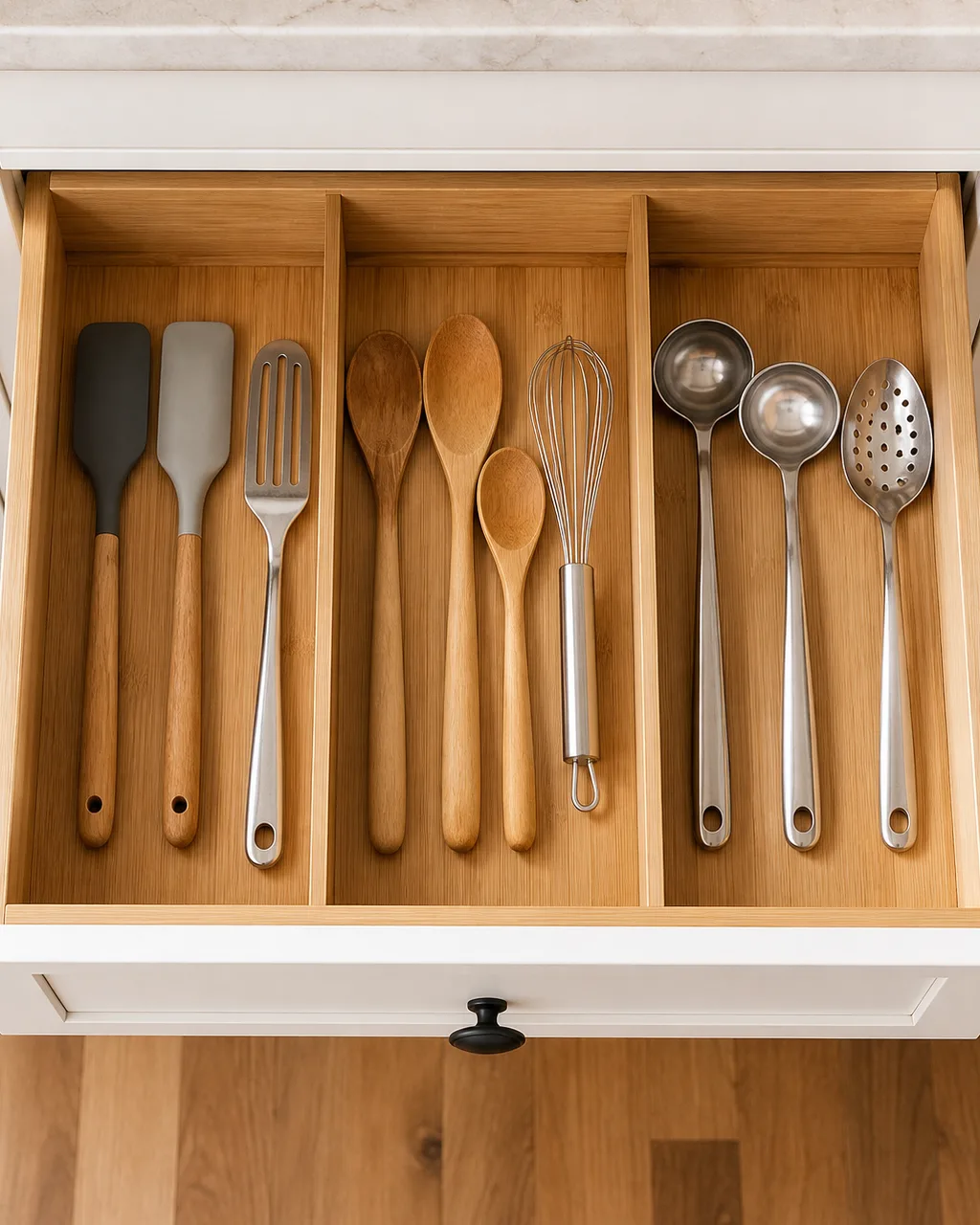 Top-down view of an open kitchen drawer with bamboo dividers creating three zones: spatulas and turners left, wooden spoons and whisks center, ladles and slotted spoons right