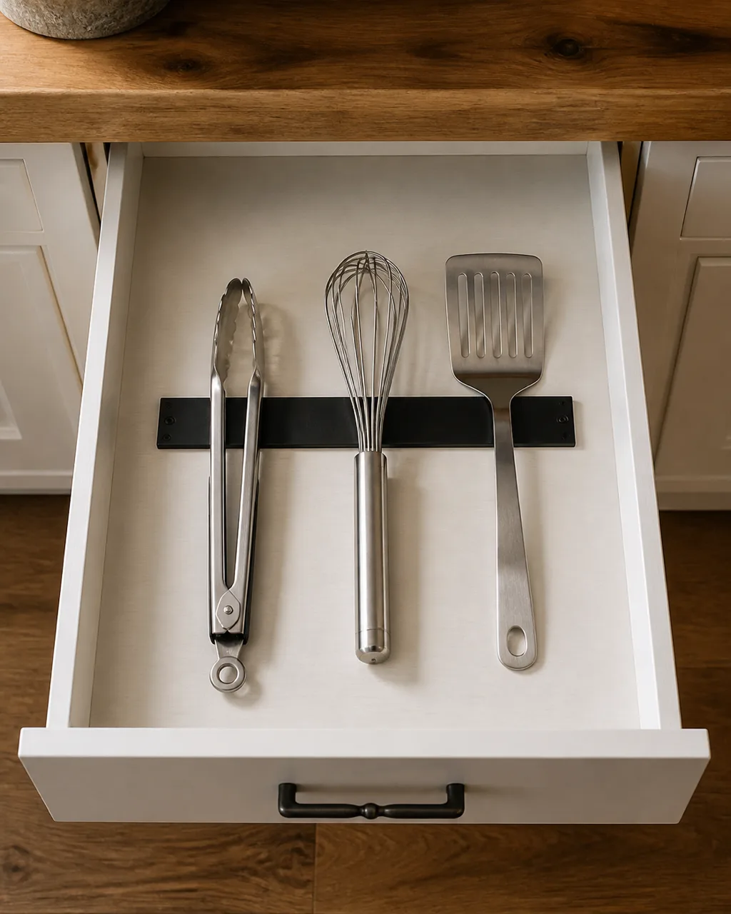Looking down into an open kitchen drawer with a magnetic strip holding metal tongs, whisk, and spatula flat against the bar, neatly parallel