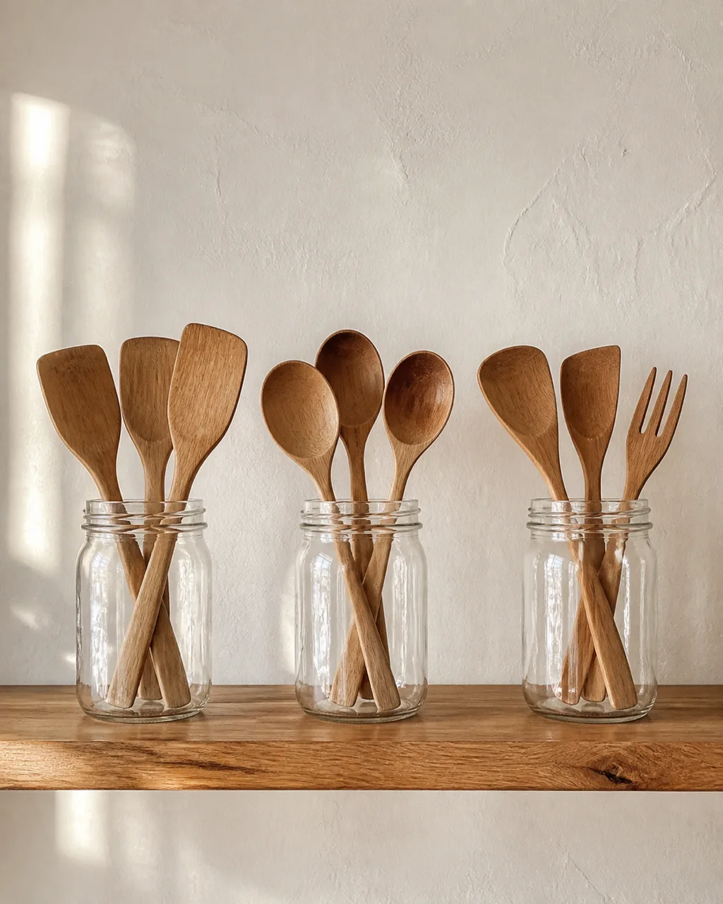 Three clear mason jars on an open wooden kitchen shelf against a white wall, each holding different types of wooden spoons, warm side lighting