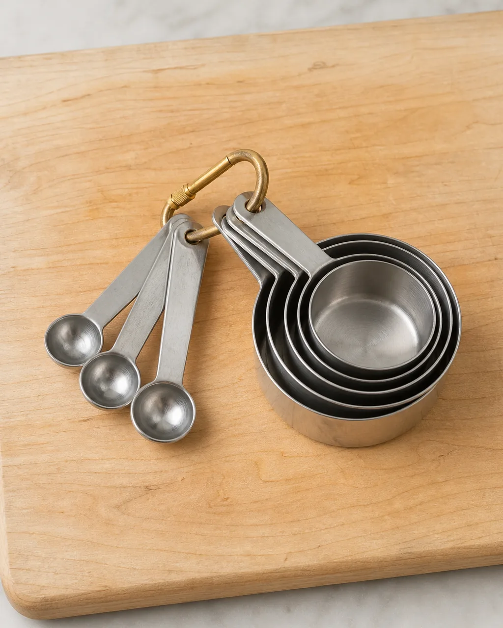 A set of stainless steel measuring cups and spoons clipped together on a brass carabiner laying flat on a light wooden cutting board in natural light