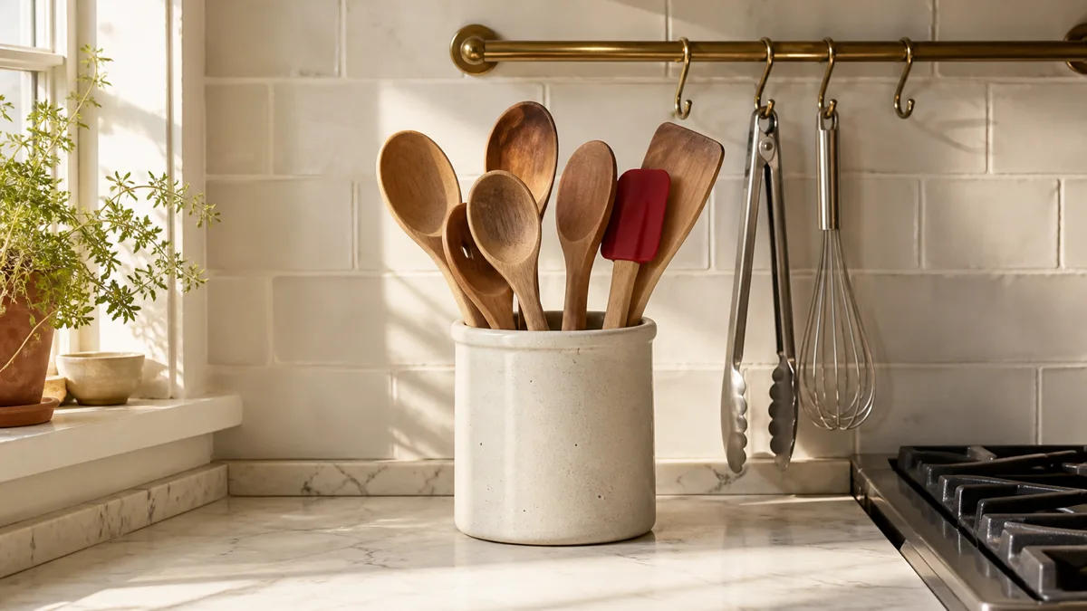 A warm-lit kitchen counter with a cream stoneware utensil crock holding wooden spoons and a red silicone spatula, a brass backsplash rail with S-hooks holding tongs and a whisk on white subway tile behind