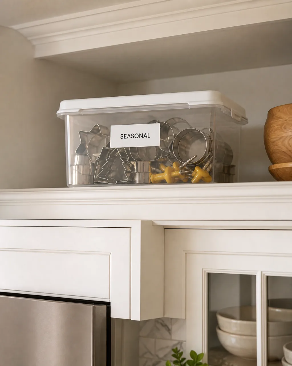 A clear plastic storage bin labeled SEASONAL on a high kitchen shelf containing metal cookie cutters and corn cob holders, warm natural light