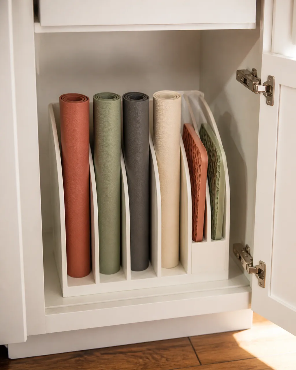 Inside a lower kitchen cabinet with a white file sorter holding rolled silicone baking mats and trivets standing upright like files