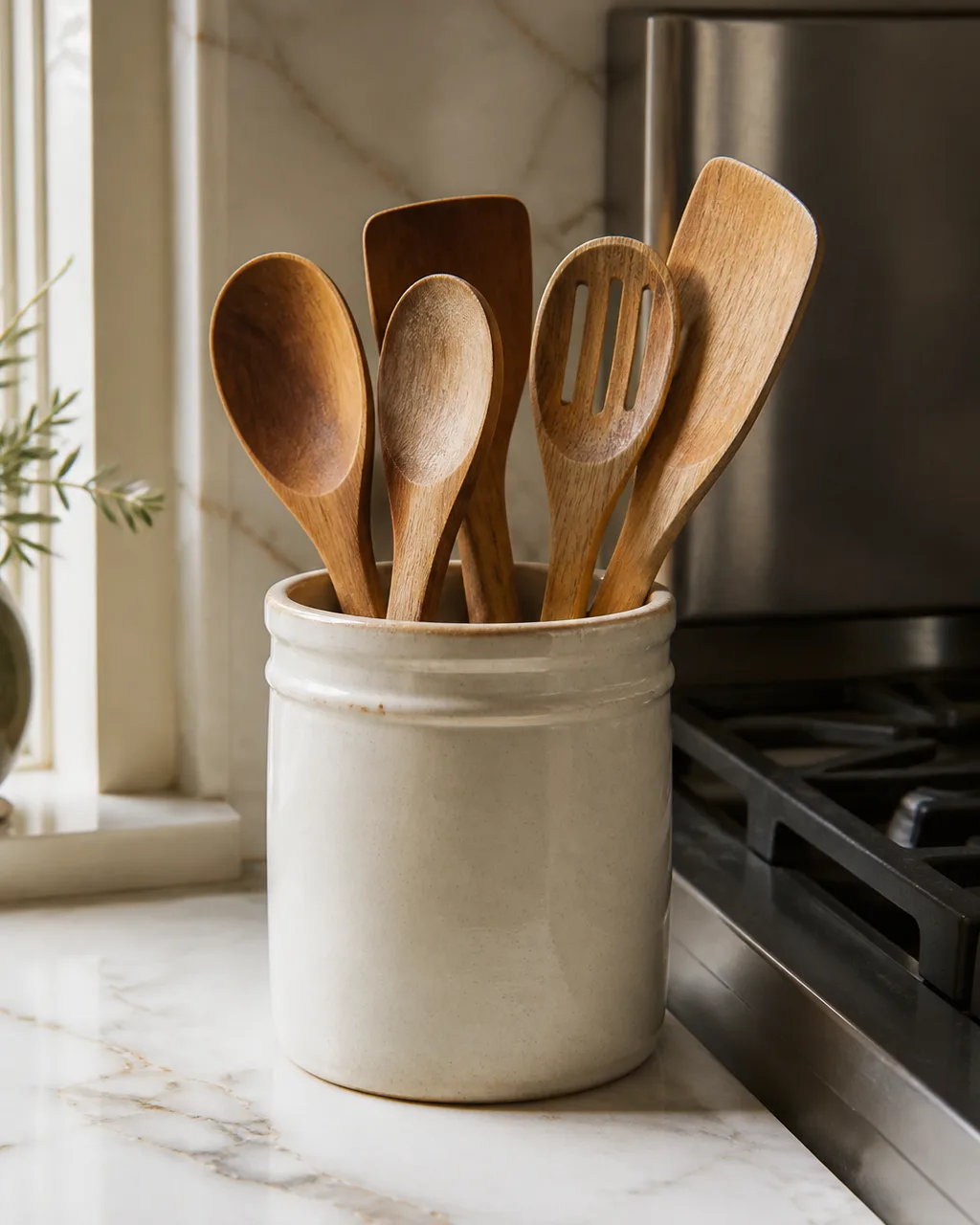 Close-up of a heavy cream stoneware crock on a white marble countertop next to a gas stove, holding wooden spoons and spatulas upright with warm side lighting