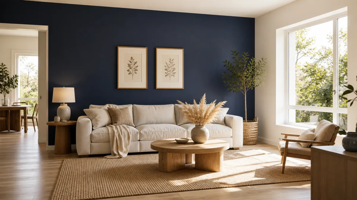 A bright modern living room with one accent wall painted in deep navy blue behind a low-profile linen sofa in oatmeal with two small framed botanical prints and warm afternoon sunlight