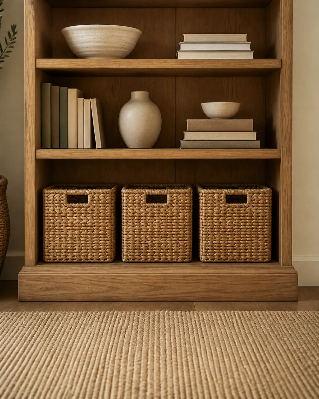 Three matching woven seagrass baskets in a row on the bottom shelf of a bookshelf with styled shelves visible above