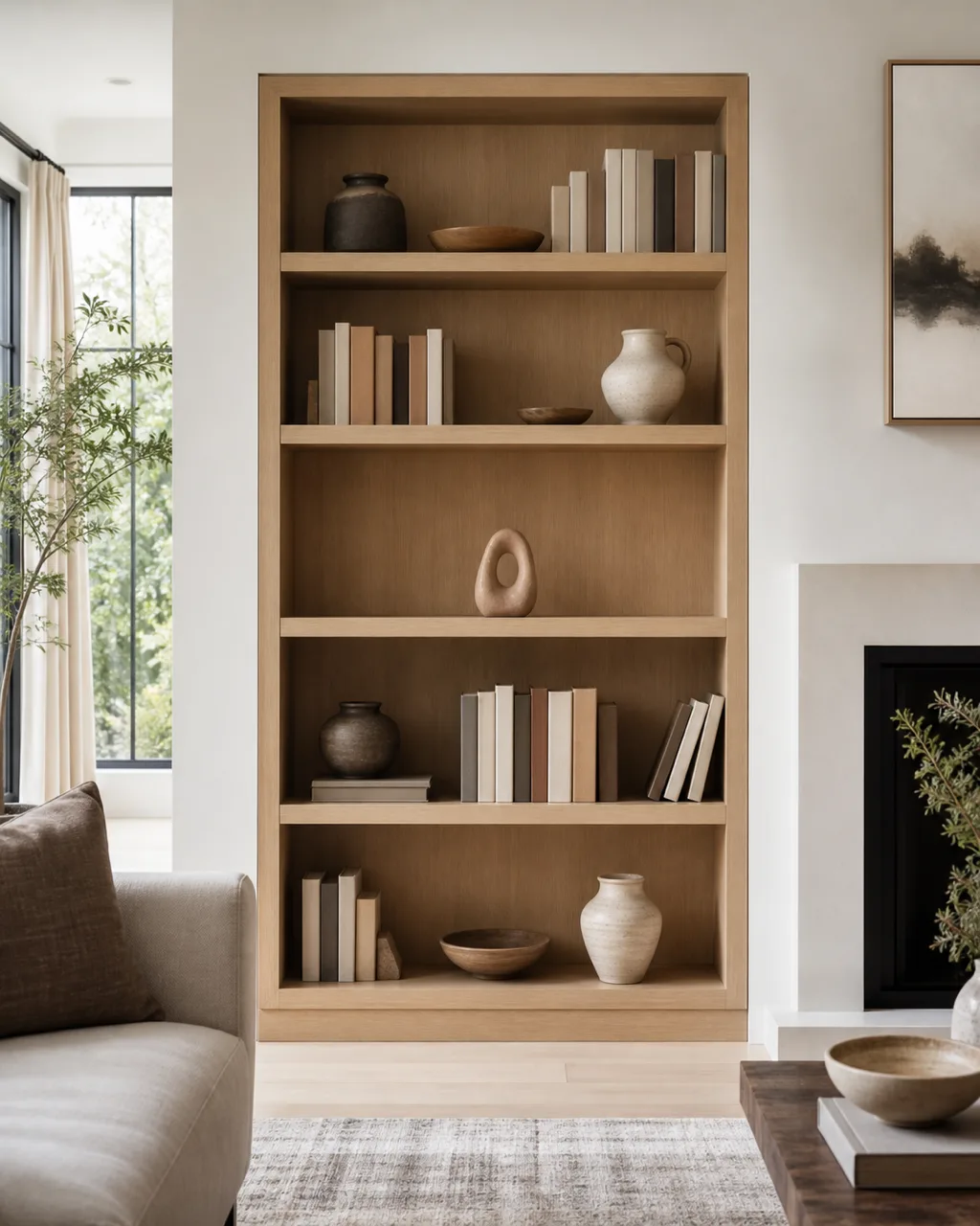 A bookshelf showing one intentionally sparse shelf with just a single small sculptural object, surrounded by styled shelves above and below