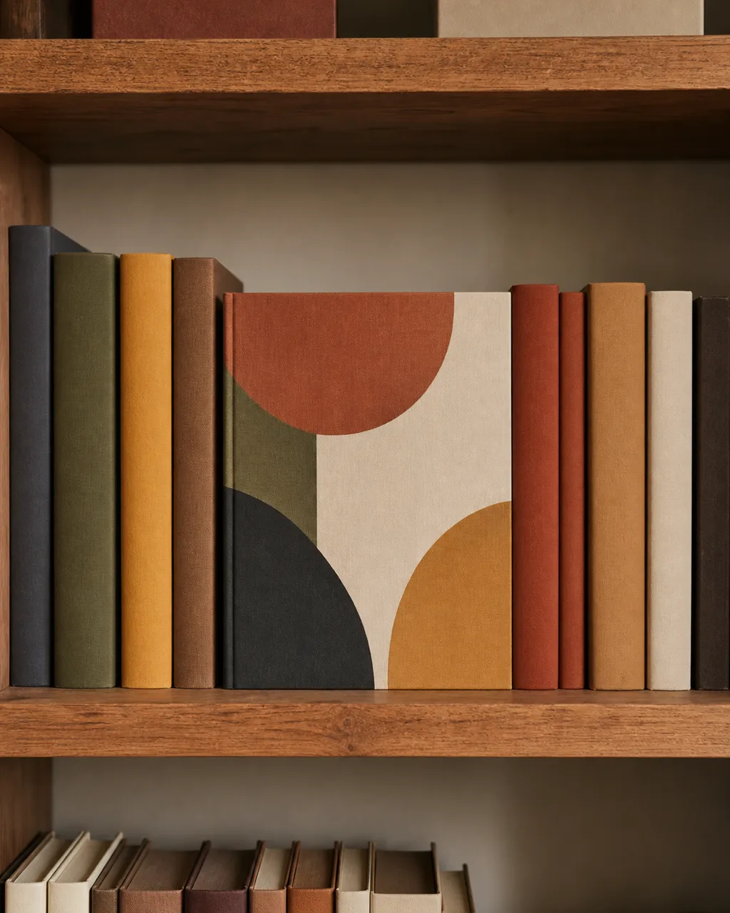 A bookshelf shelf with a mix of spine-out and face-out books, one bold abstract cover facing forward with earth-tone spines grouped behind