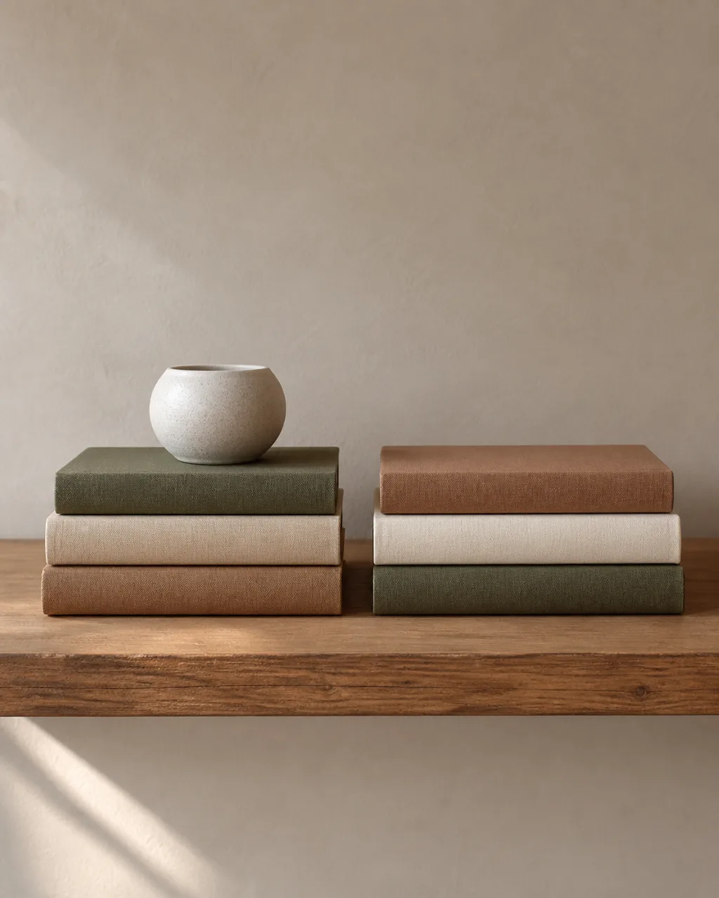 A bookshelf shelf with two horizontal stacks of three earth-tone books each with a small ceramic pot on top of one stack, natural wood shelf