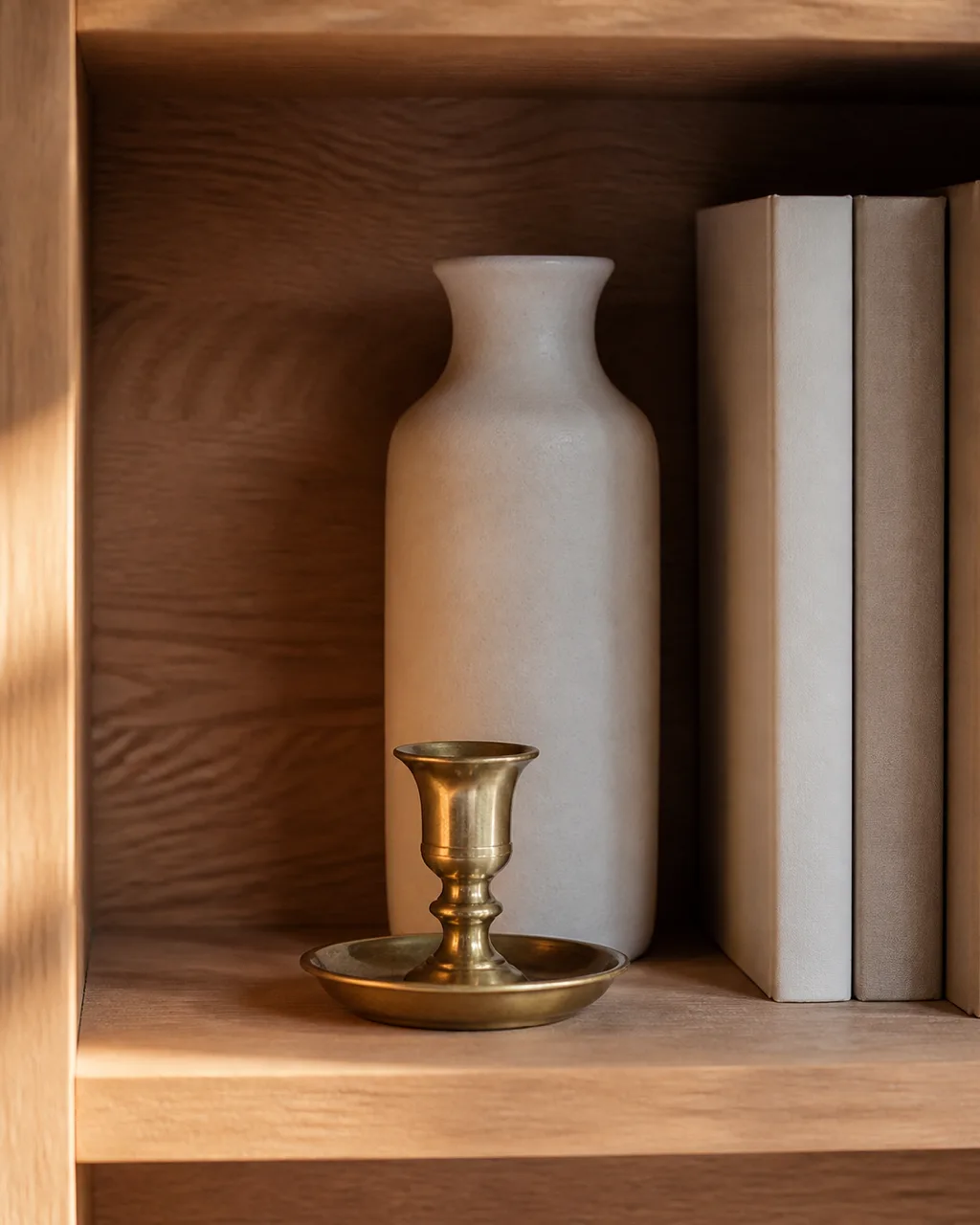 A bookshelf shelf with a small brass candle holder placed in front of a taller matte ceramic vase, creating front-to-back depth layering with warm side light