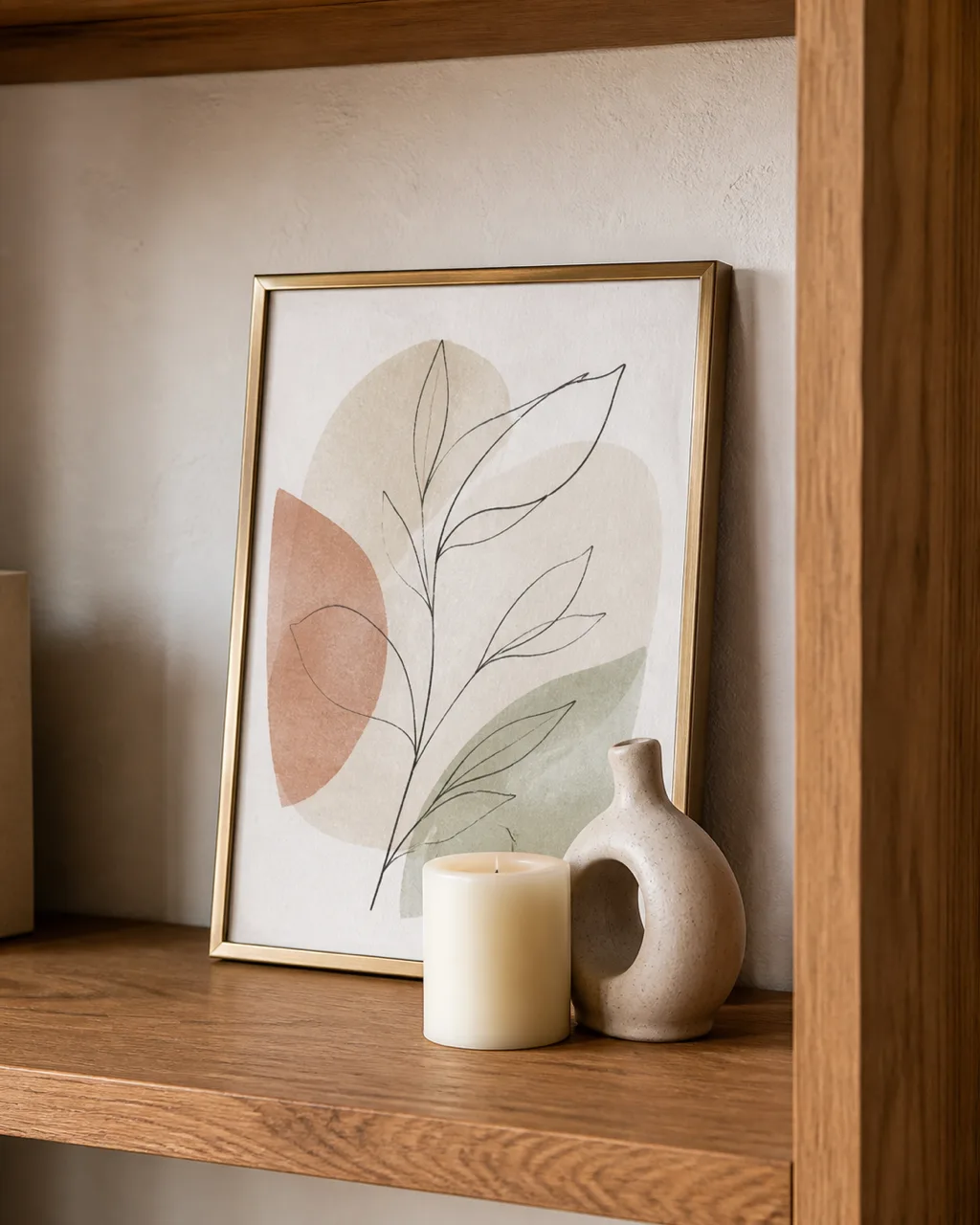 A small framed botanical sketch propped behind a short candle and ceramic piece on a bookshelf shelf, thin brass frame, layered depth
