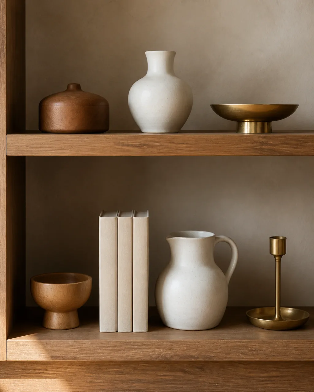 Two bookshelf tiers unified by three materials: natural wood objects, white matte ceramic vessels, and brushed brass accents