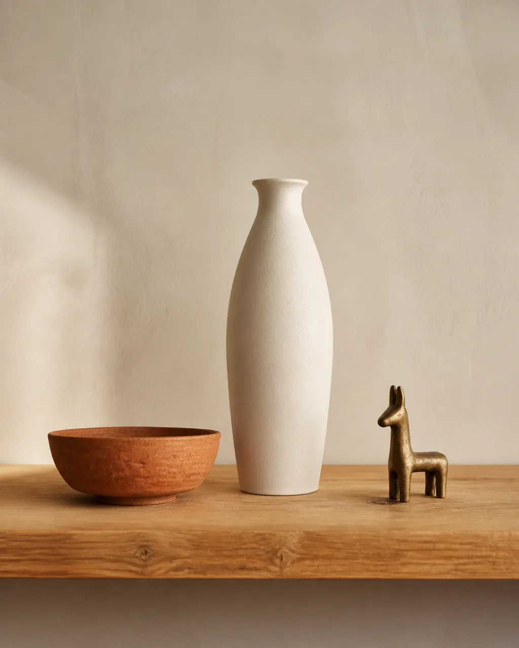 A trio of objects on a bookshelf shelf in a triangle arrangement with one tall white ceramic vase, one medium terracotta bowl, and one small brass piece