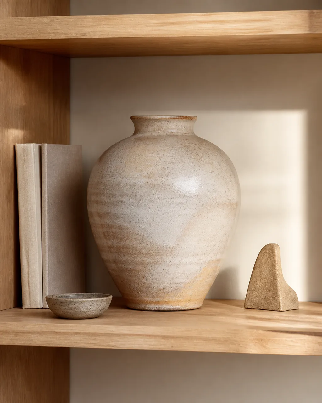 A natural wood bookshelf shelf with one large terracotta ceramic vase as the anchor piece surrounded by smaller objects in warm neutral tones with afternoon light