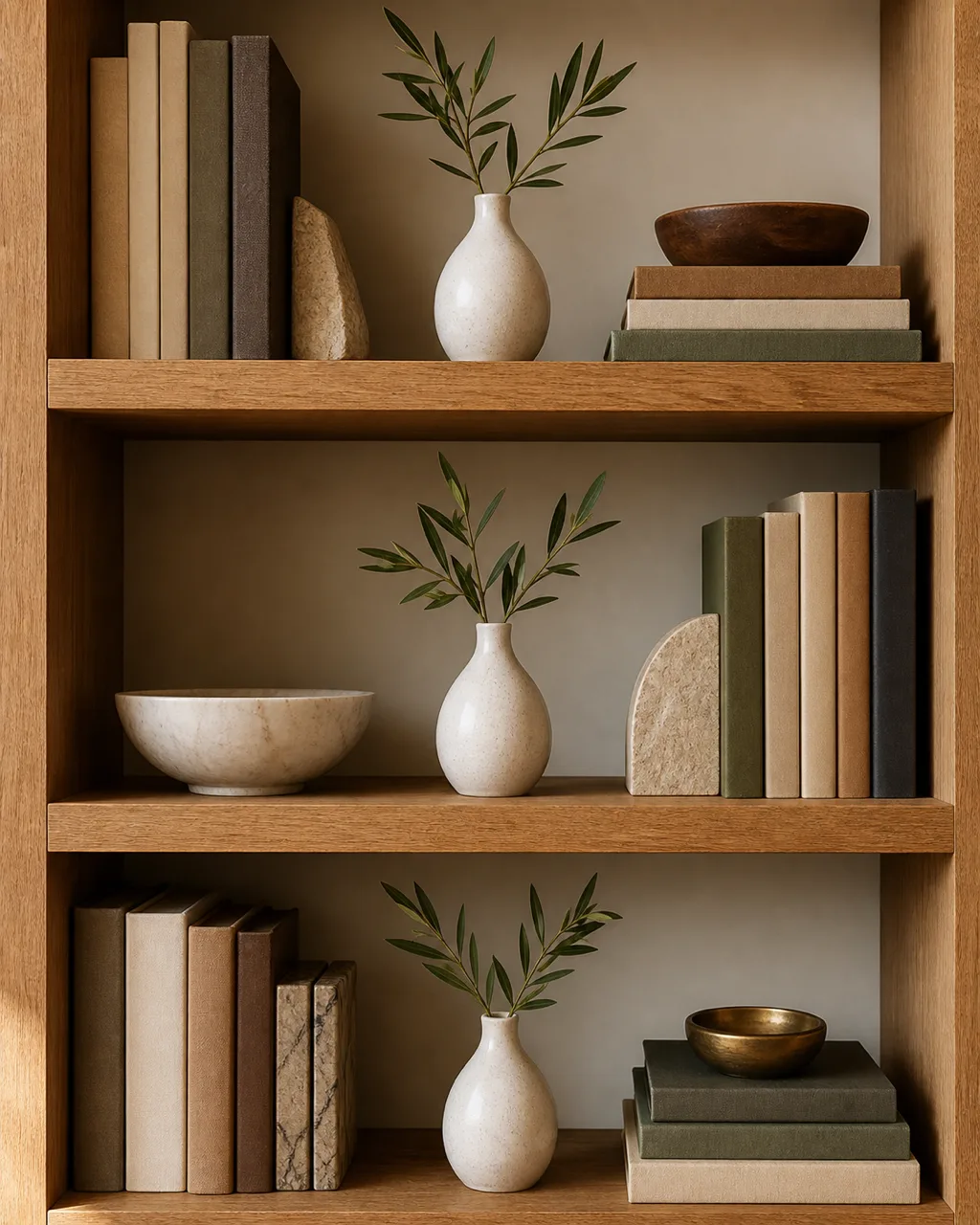 Two bookshelf tiers with the same style white ceramic bud vase appearing on each shelf, creating vertical rhythm through repetition