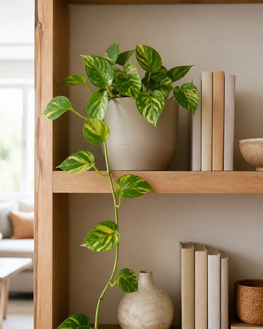 A pothos plant trailing down from an upper bookshelf shelf in a neutral ceramic pot with books and small objects nearby