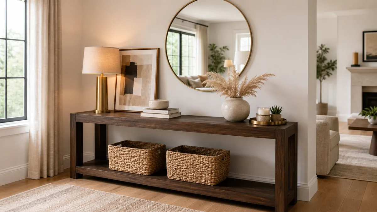 A styled console table in a bright living room with a brass lamp, leaning abstract art, stacked books, a ceramic vase with dried pampas stems, and a round mirror above