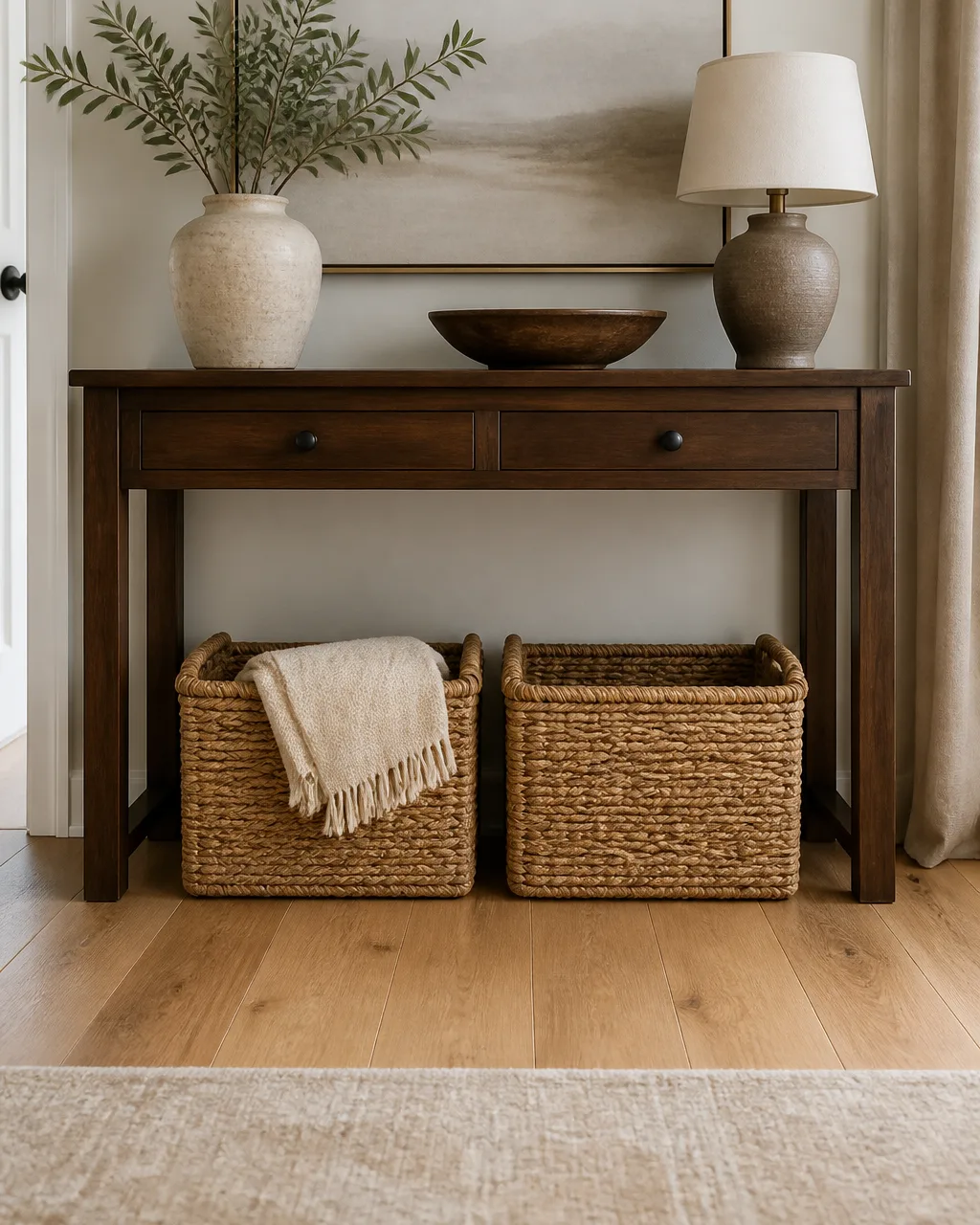 Two matching rectangular woven seagrass baskets tucked under a dark walnut console table with a cream throw blanket peeking from one