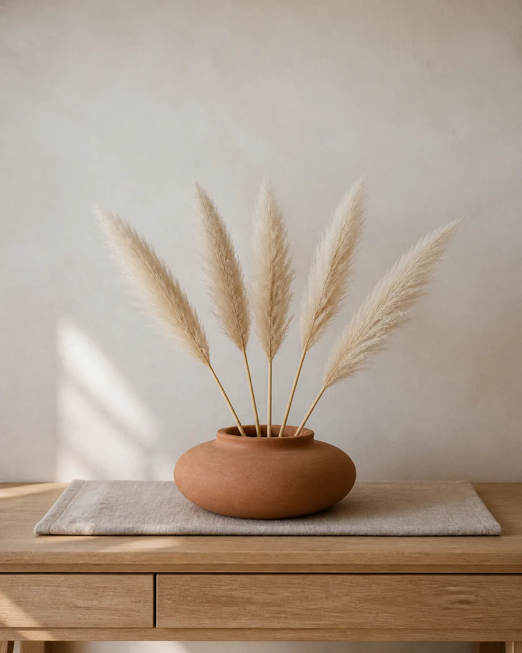 A low wide-mouth matte terracotta ceramic vase with five dried pampas grass stems on a light oak console table with a linen runner underneath