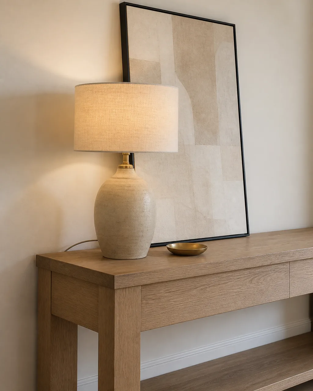 A tall abstract art print in a thin black frame leaning against a cream wall behind a ceramic table lamp on a console table end