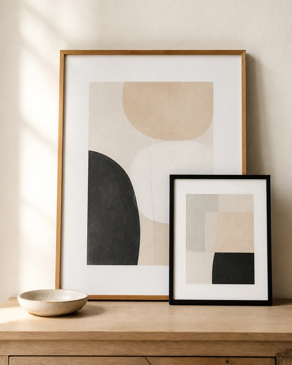 Two picture frames leaned against a cream wall on a console table — a larger natural wood frame behind a smaller black frame, overlapping slightly with a ceramic dish beside them