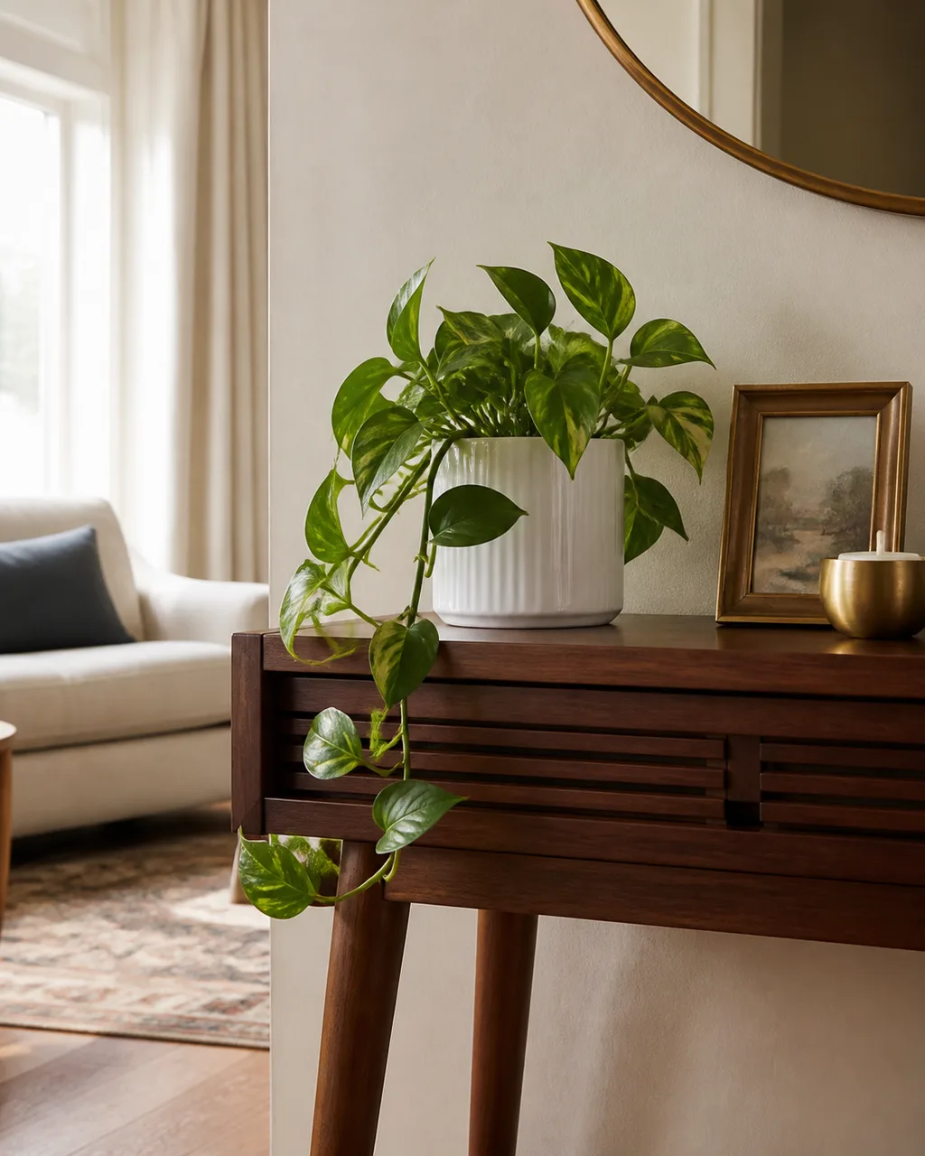 A small trailing pothos plant in a white ribbed ceramic pot on a mid-century console table with trailing vines hanging over the edge, beside a brass frame and candle