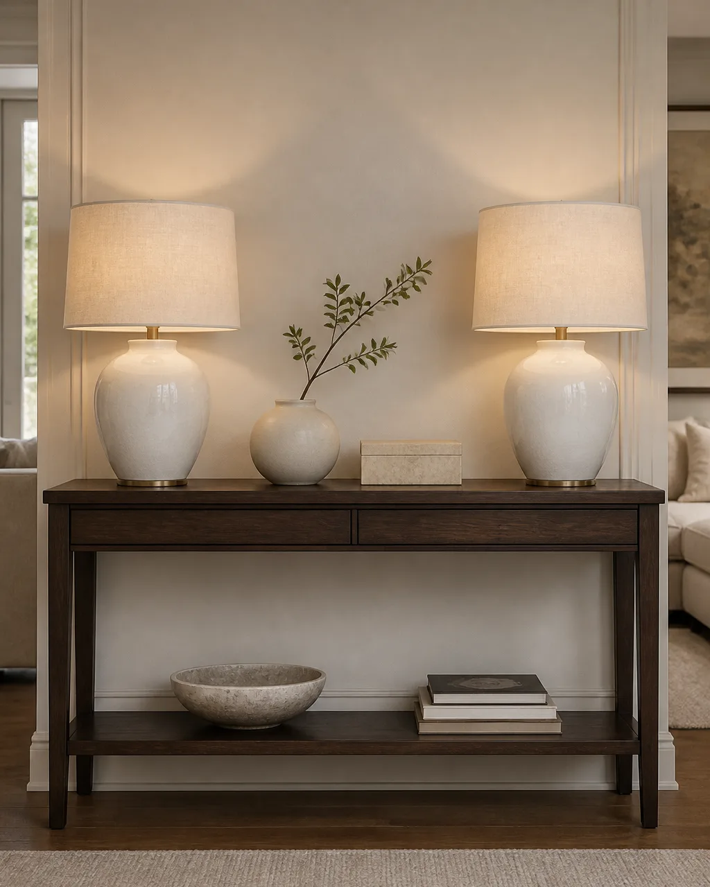 A console table with two identical white ceramic table lamps with cream linen drum shades at each end, a low vase with a single stem and a decorative box between them