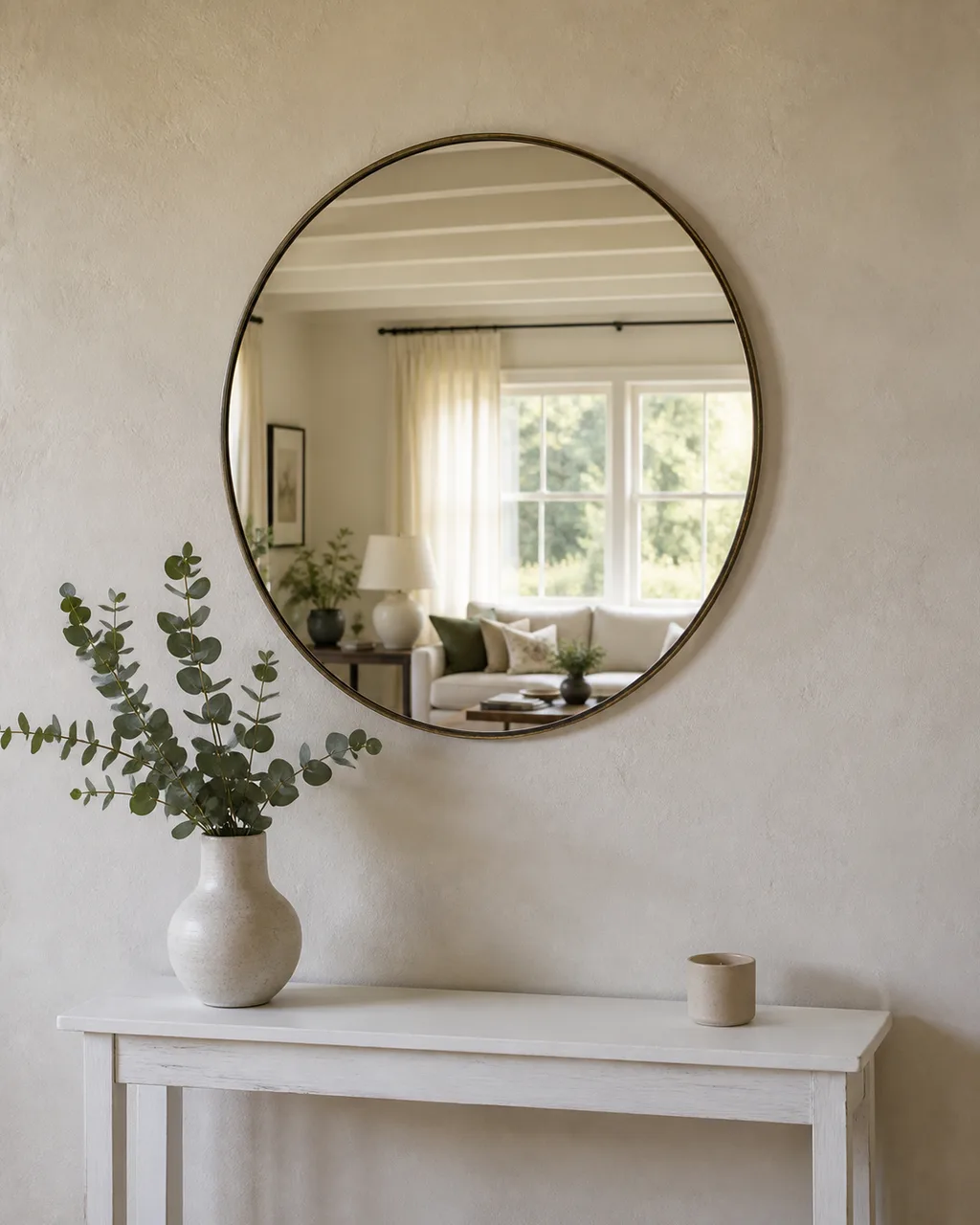 A round mirror with a thin brass frame hung above a narrow white console table reflecting natural window light, with a vase of eucalyptus stems and a candle below