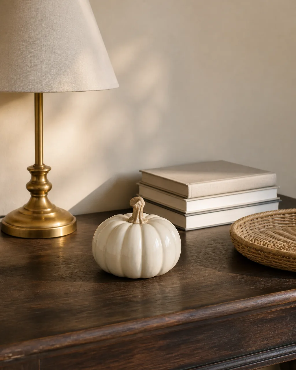 A styled console table showing an autumn moment with a cream ceramic pumpkin as the seasonal accent among permanent elements — a brass lamp, stacked books, and a woven tray