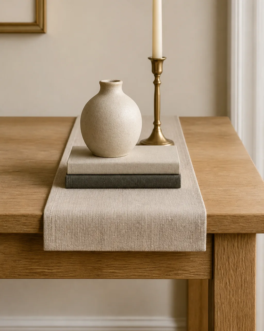 A narrow linen table runner draped along a light wood console table with a ceramic vase, brass candlestick, and two stacked books on top, the runner overhanging the front edge