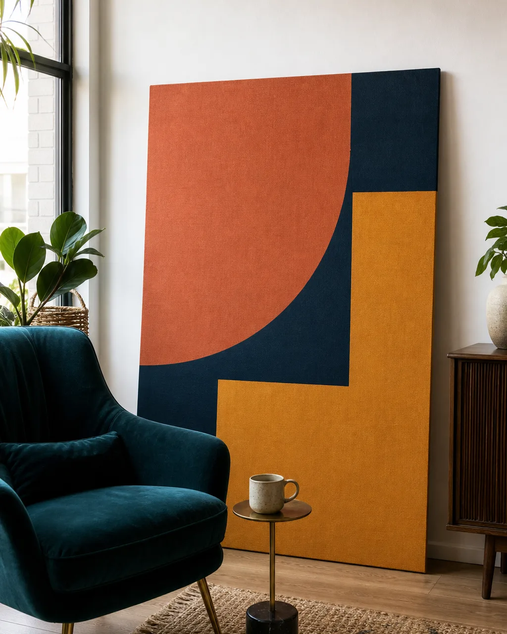 A bold large-format abstract painting with geometric blocks of terracotta, navy, and mustard leaning against a white wall next to a deep teal velvet accent chair