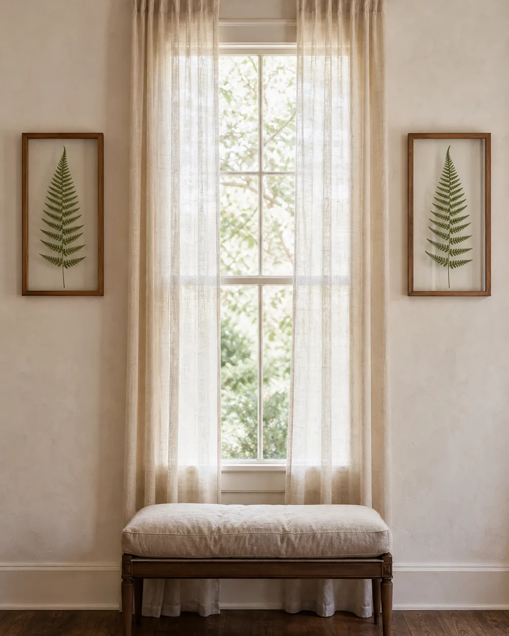 Two float frames with pressed fern fronds between clear glass hung side by side flanking a window with sheer linen curtains and a bench below