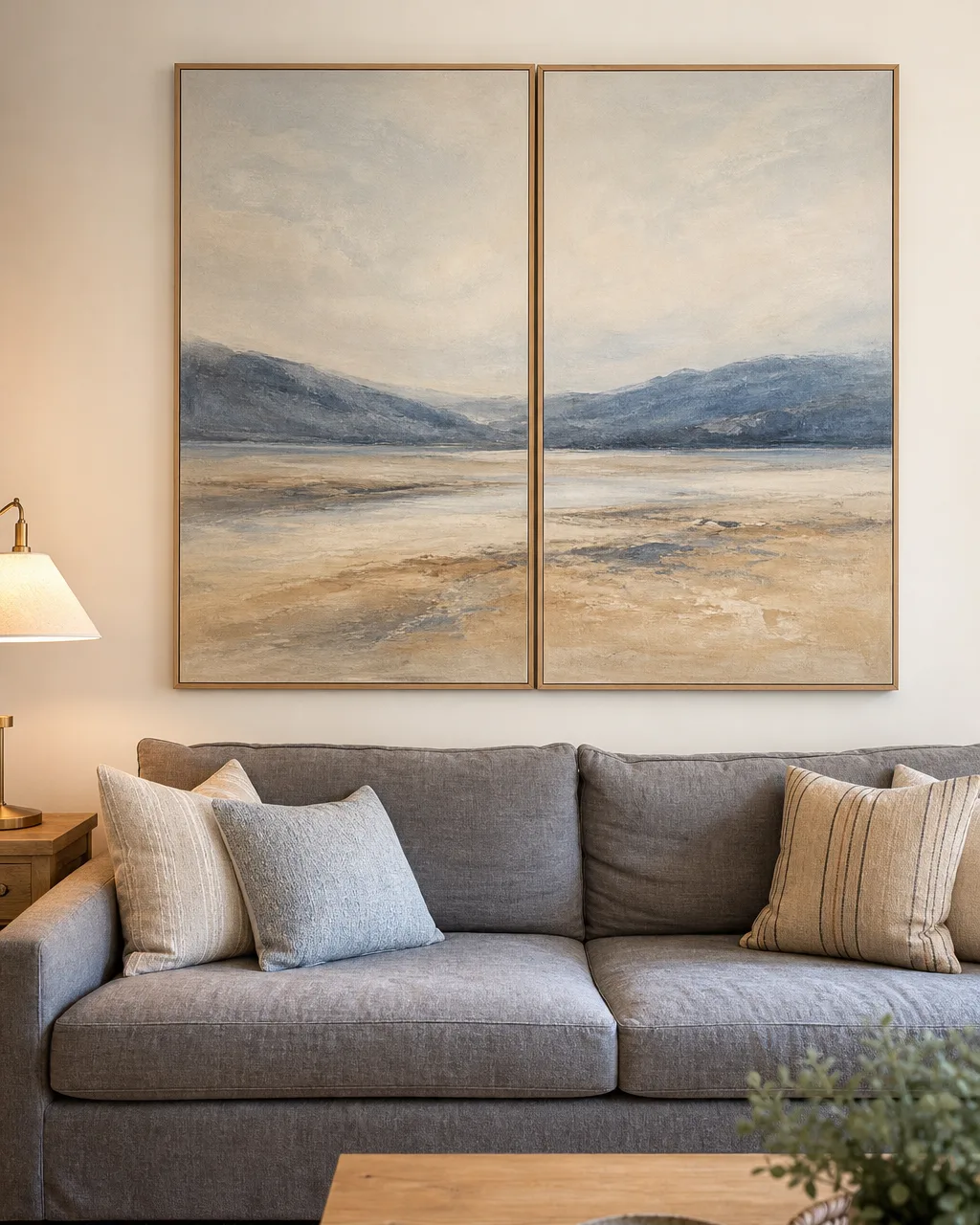 Two matching canvases side by side above a slate-gray sofa showing a continuous abstract landscape in dusty blue and warm sand tones