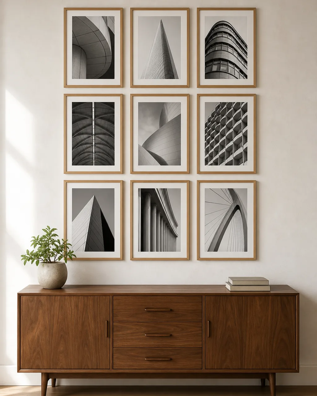 A three-by-three grid of identical thin oak frames with black-and-white architectural photographs above a mid-century walnut credenza