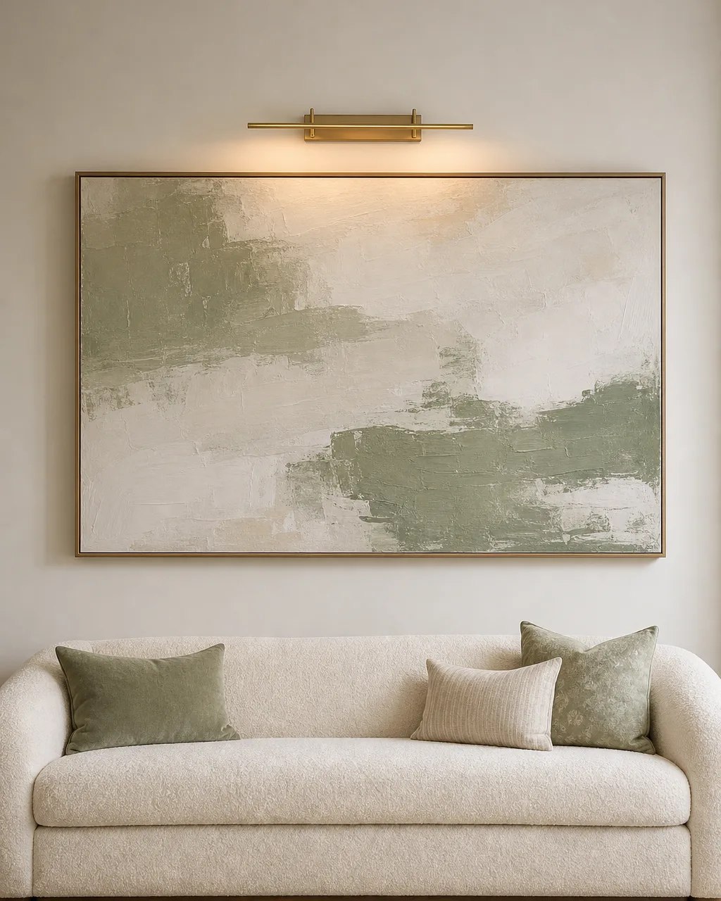 A single oversized abstract canvas in sage green and warm white above a cream bouclé sofa with a brass picture light casting warm glow