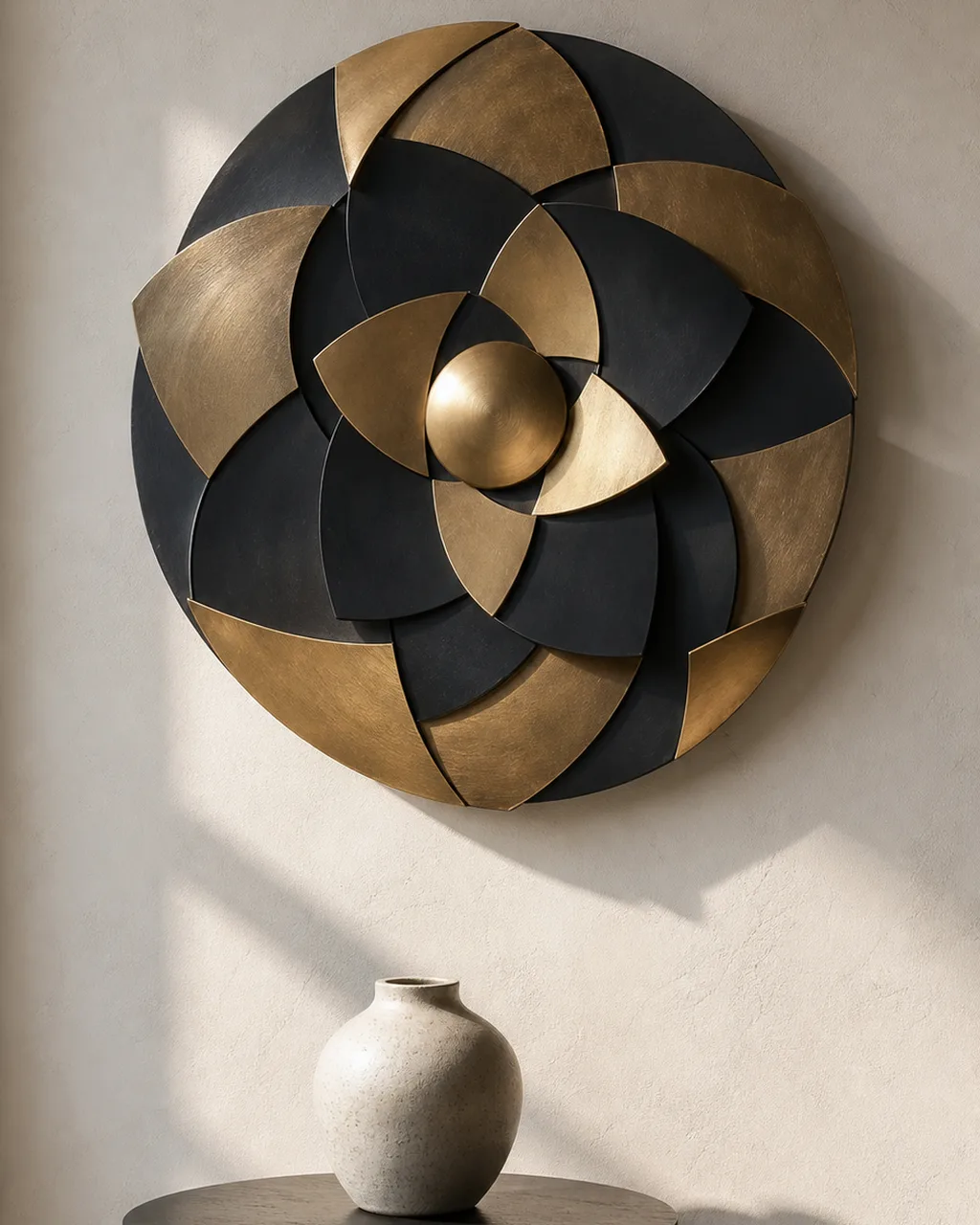 A circular metal wall sculpture in brushed brass and matte black casting dramatic shadows on a warm off-white wall with a round accent table and ceramic vase below