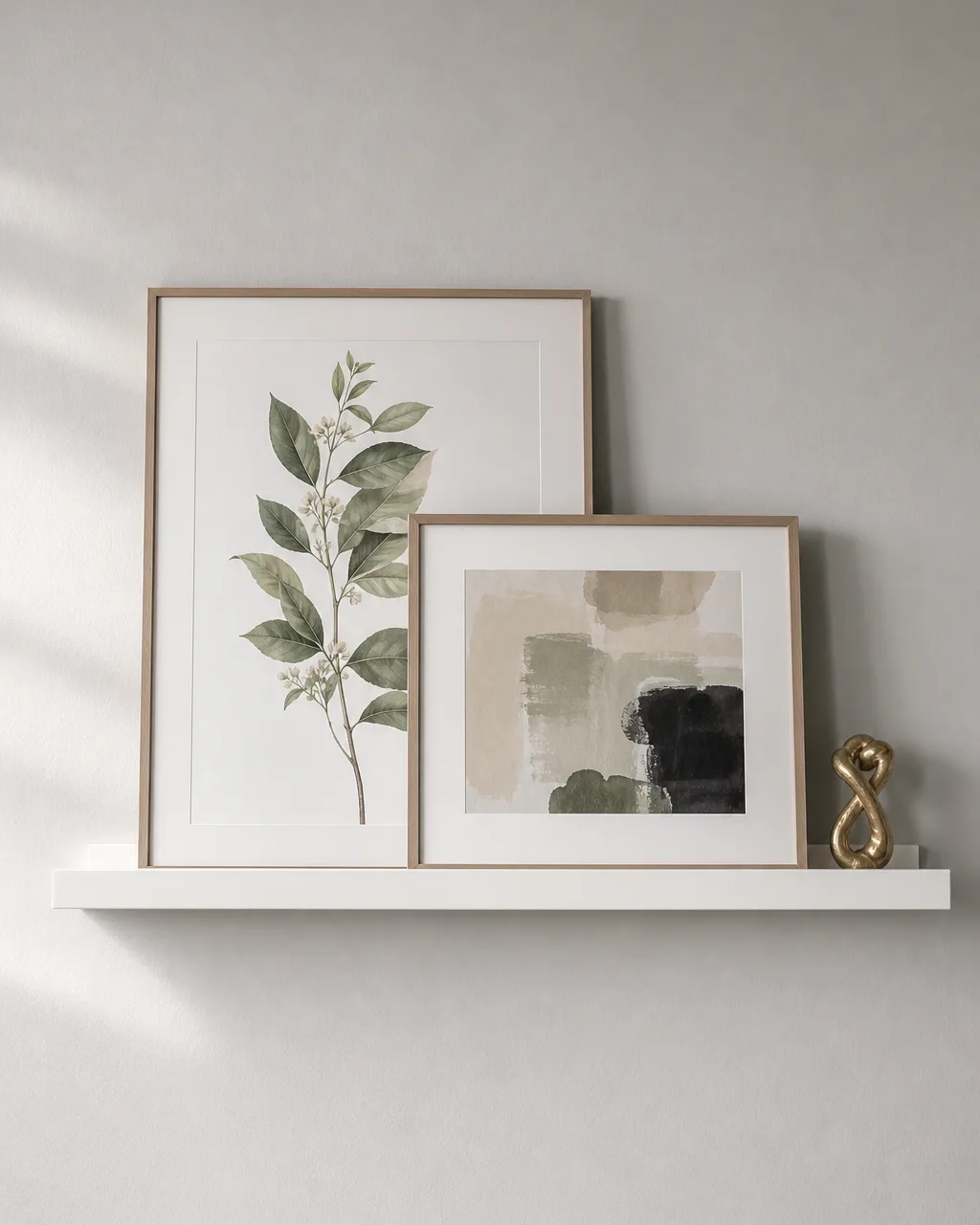 A white picture ledge at eye level on a light gray wall with two layered framed prints and a small brass sculpture