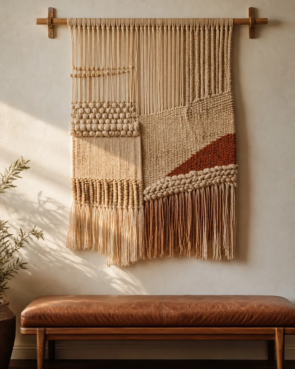 A large woven wall hanging in cream sand and rust tones draped from a natural wood dowel above a low leather bench with afternoon sidelight