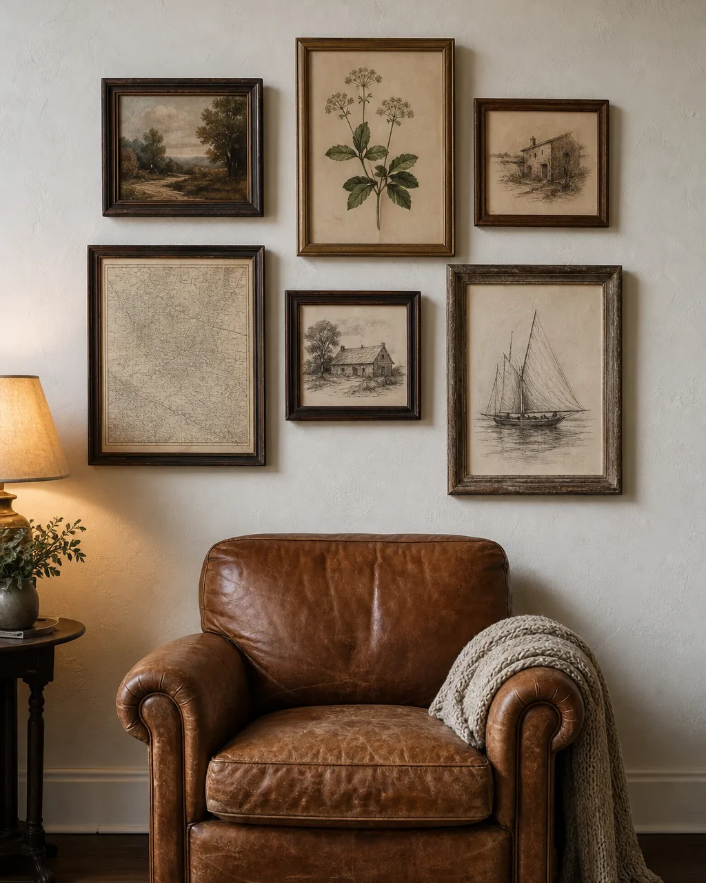 A loose cluster of six mismatched vintage frames with oil paintings, botanical prints, a faded map, and sketches above a worn leather armchair with a knit throw