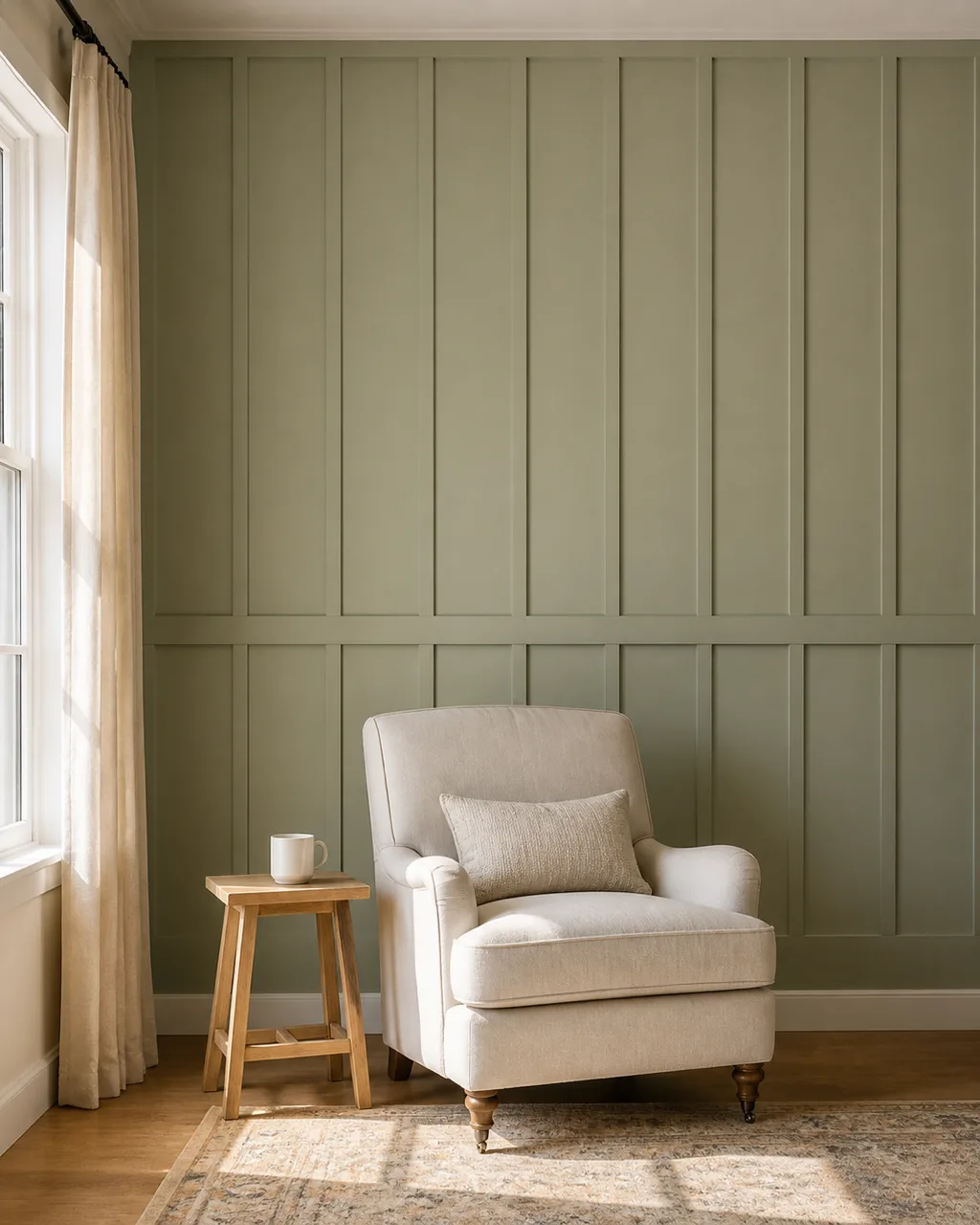 A living room wall with board-and-batten paneling painted in soft sage green from floor to ceiling with evenly spaced vertical battens and a linen armchair in cream with a side table and ceramic mug