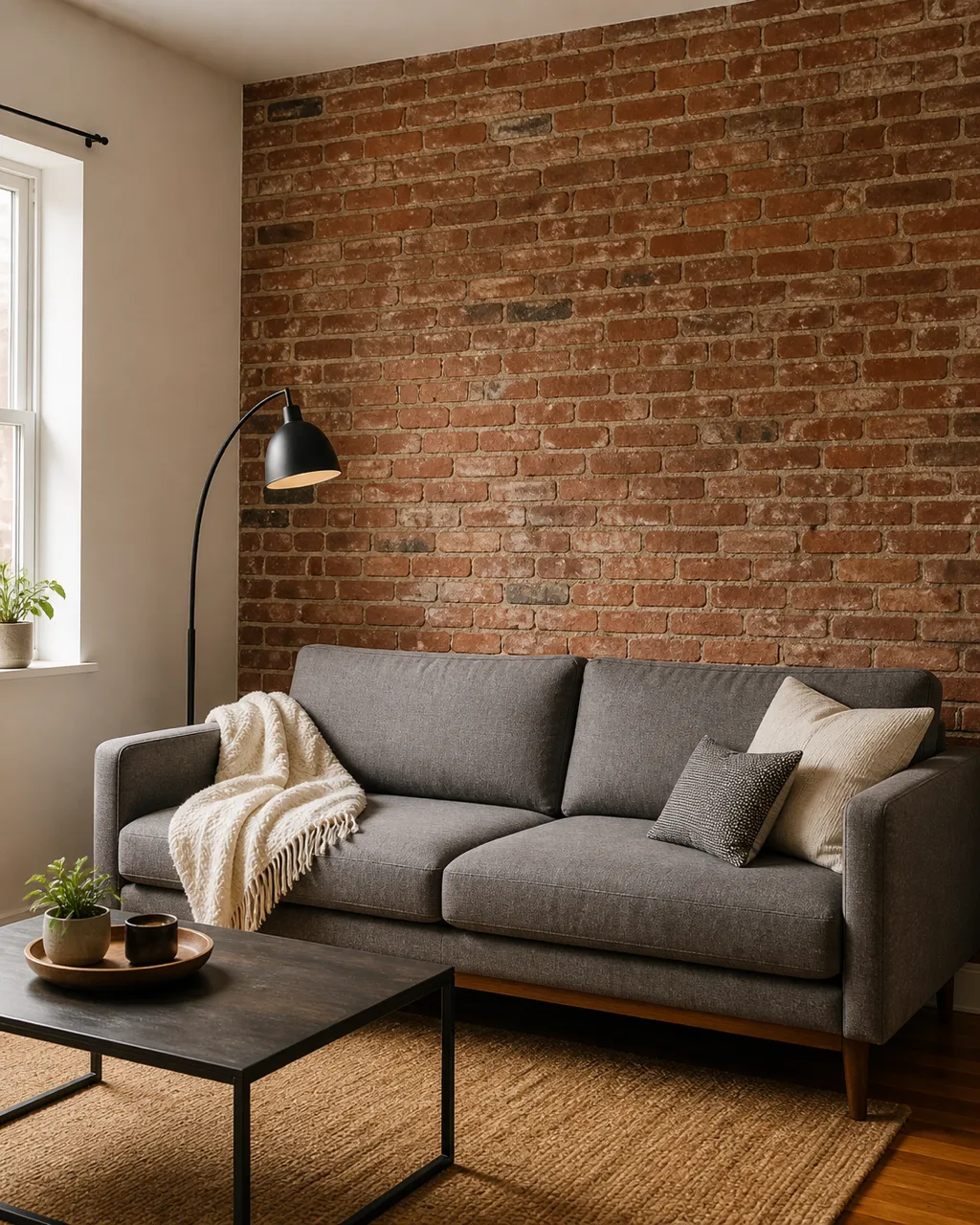 A living room with one exposed red-brick wall sealed with a matte finish and a modern gray sofa against the brick with a black metal arching floor lamp and warm afternoon light from a side window