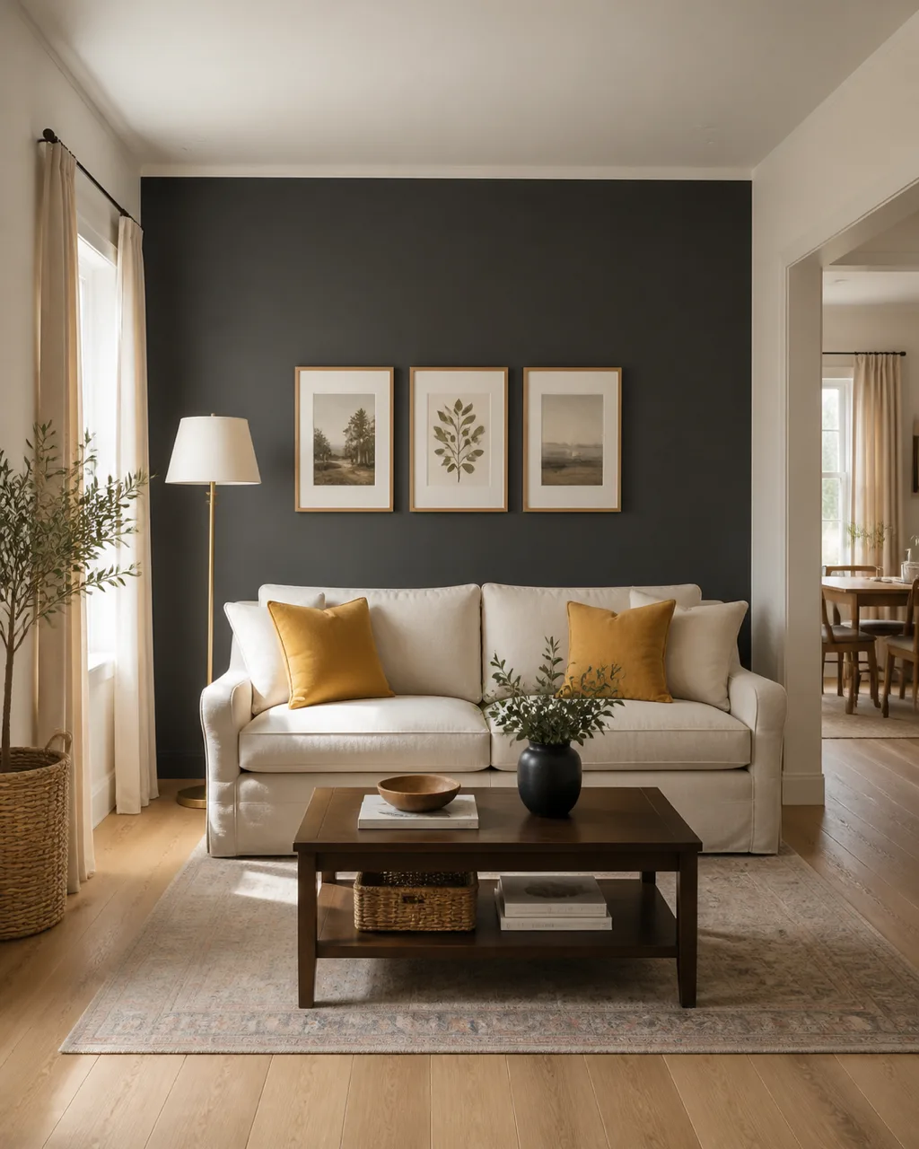 A living room with one wall painted in deep charcoal gray behind a cream linen sofa with brass floor lamp and mustard-yellow throw pillows on light hardwood floor in afternoon sunlight