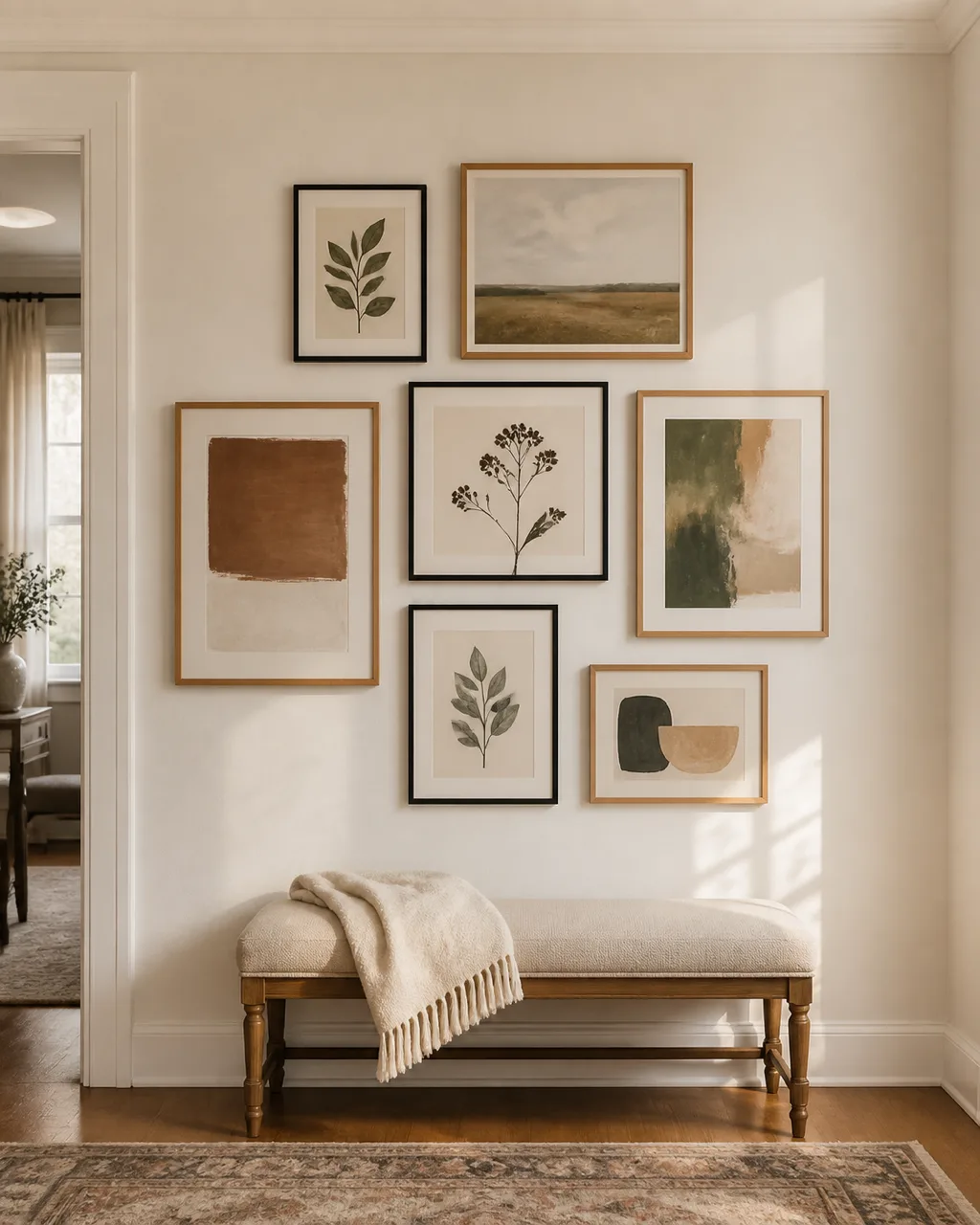 A living room wall with seven framed art prints in a salon-style cluster in thin black and natural wood frames with a small bench and folded throw blanket below in warm afternoon light